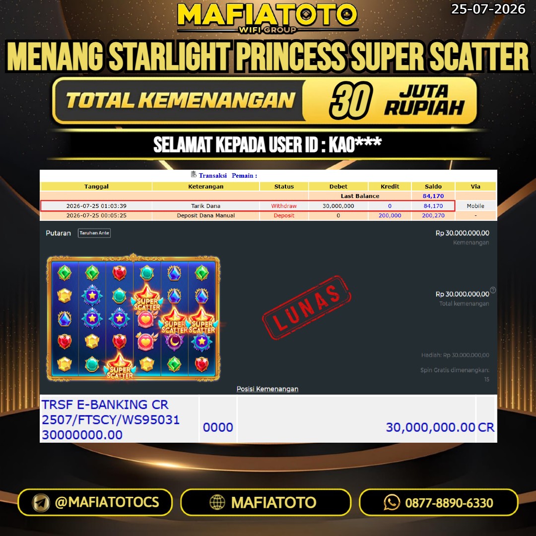 MAFIATOTO JACKPOT SLOT STARLIGHT PRINCESS SUPER SCATTER RP.30.000.000. - LUNAS ID : KAO***