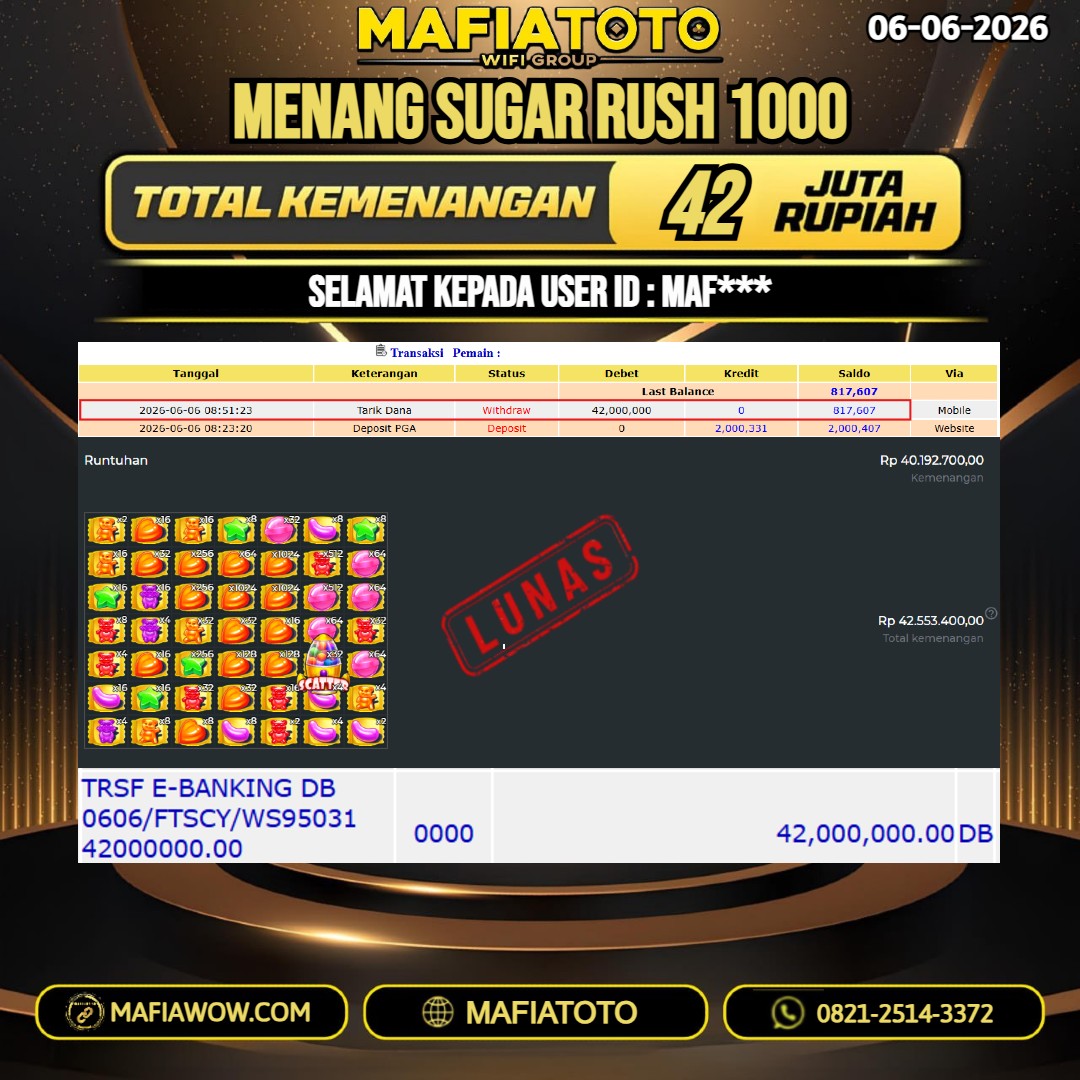 MAFIATOTO JACKPOT SLOT SUGAR RUSH 1000 RP. 42.000.000. - LUNAS ID : MAF***