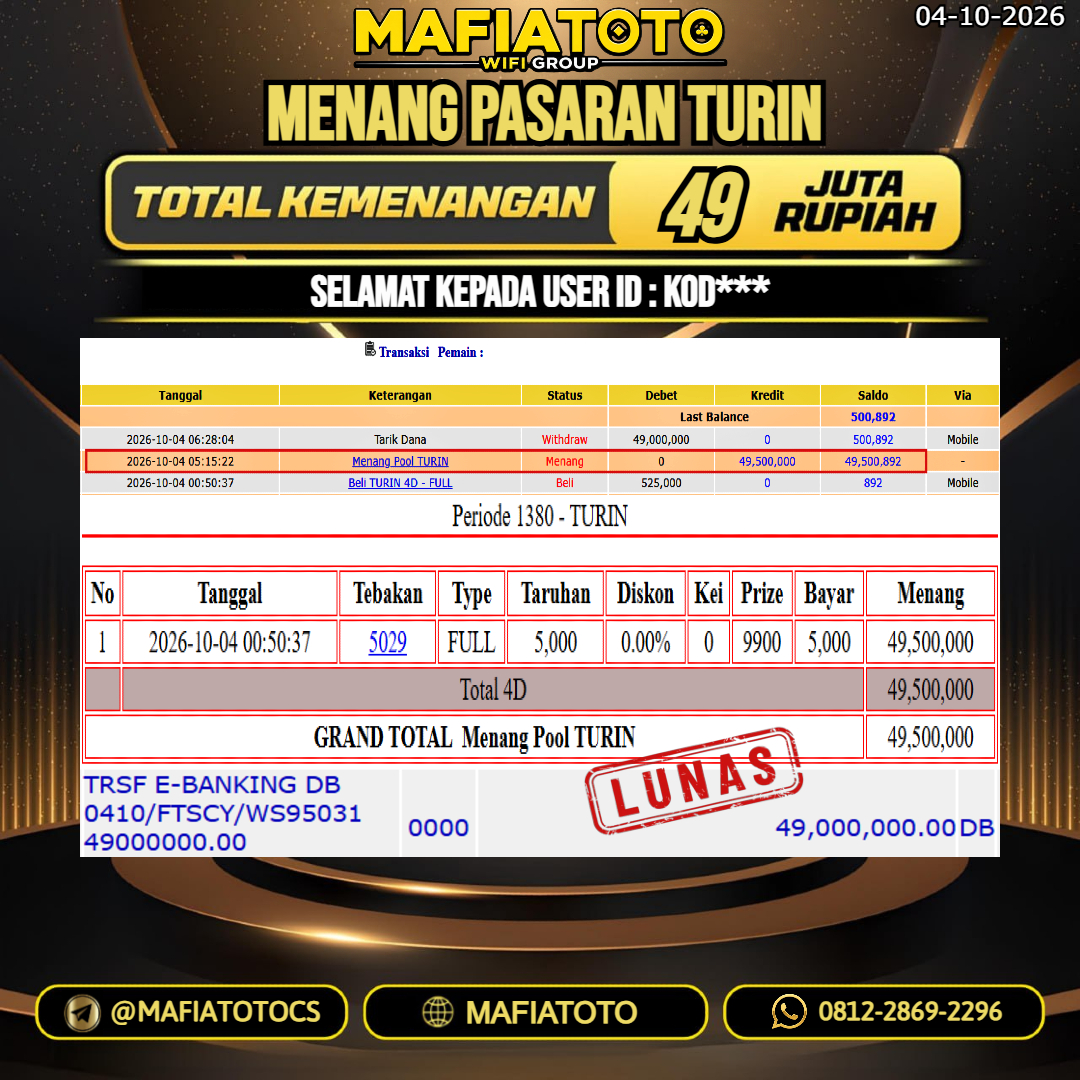 MAFIATOTO JACKPOT TOGEL PASARAN TURIN RP.49.000.000. - LUNAS ID : KOD***