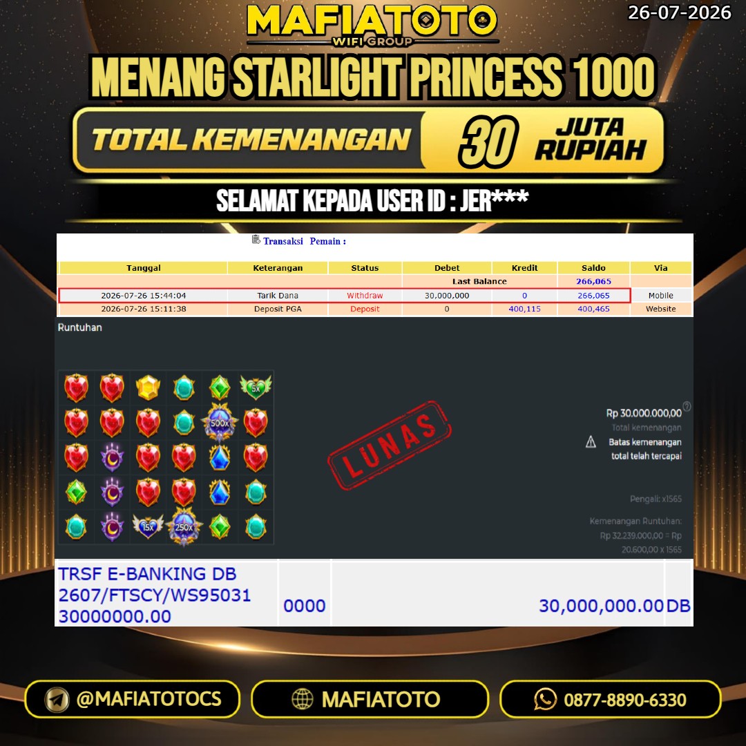 MAFIATOTO JACKPOT SLOT STARLIGHT PRINCESS 1000 RP.30.000.000. - LUNAS ID : JER***