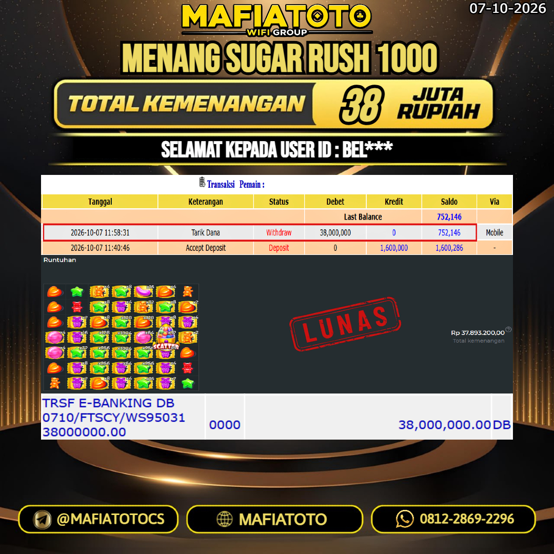 MAFIATOTO JACKPOT SLOT SUGAR RUSH 1000 RP.38.000.000. - LUNAS ID : BEL***