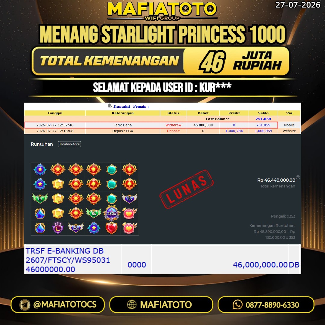 MAFIATOTO JACKPOT SLOT STARLIGHT PRINCESS 1000 RP.46.000.000. - LUNAS ID : KUR***