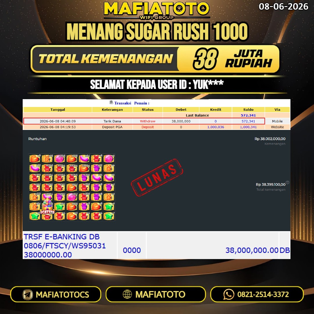 MAFIATOTO JACKPOT SUGAR RUSH 1000 RP.38.000.000. - LUNAS ID : YUK***
