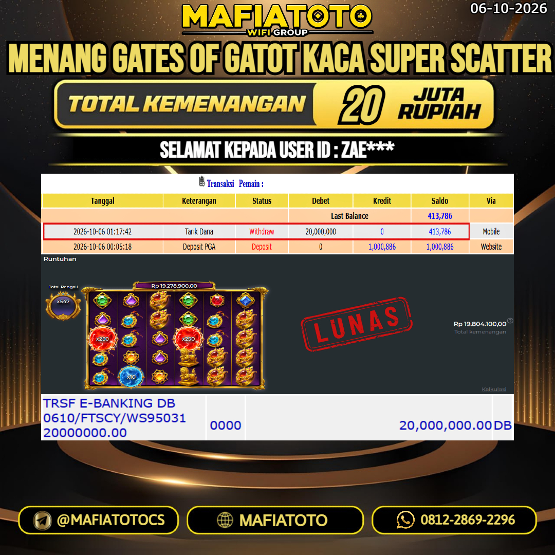 MAFIATOTO JACKPOT SLOT GATES OF GATOT KACA SUPER SCATTER RP.20.000.000. - LUNAS ID : ZAE***