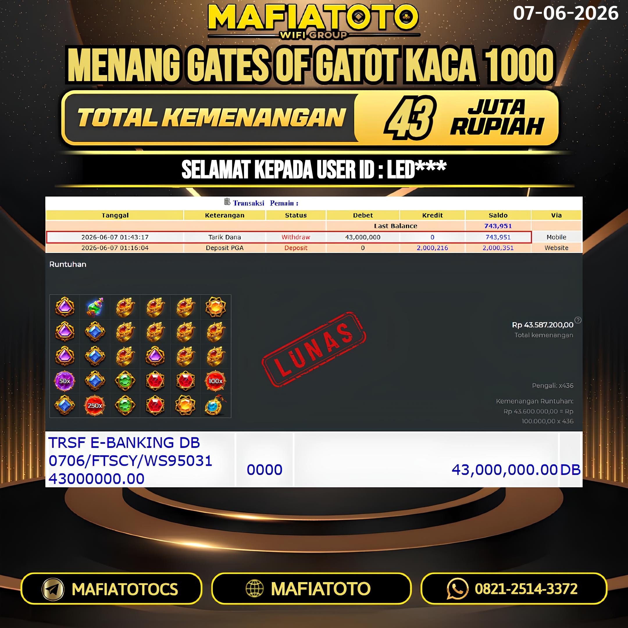 MAFIATOTO JACKPOT GATES OF GATOT KACA 1000 RP.43.000.000. - LUNAS ID : LED***