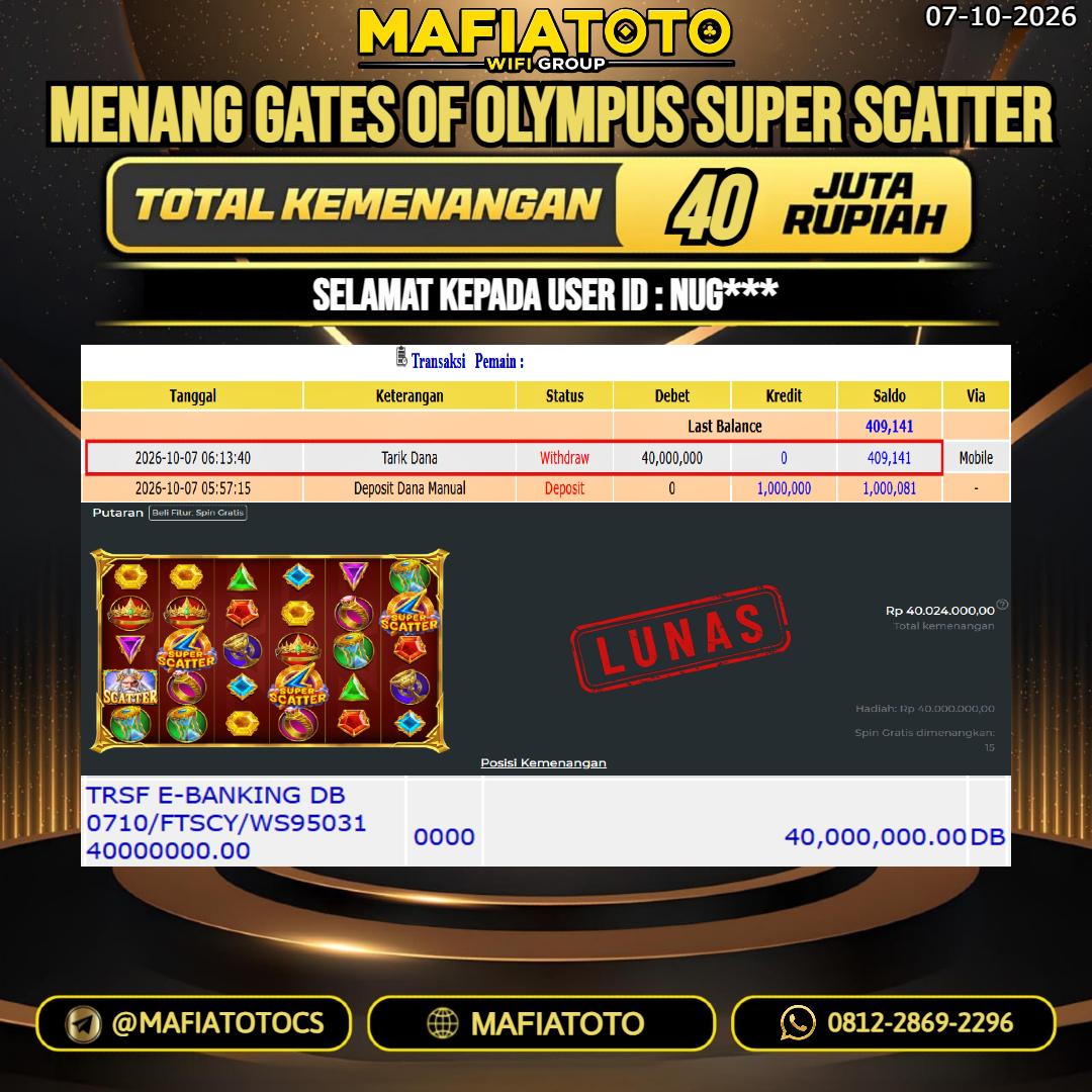 MAFIATOTO JACKPOT SLOT GATES OF OLYMPUS SUPER SCATTER RP.40.000.000. - LUNAS ID : NUG***
