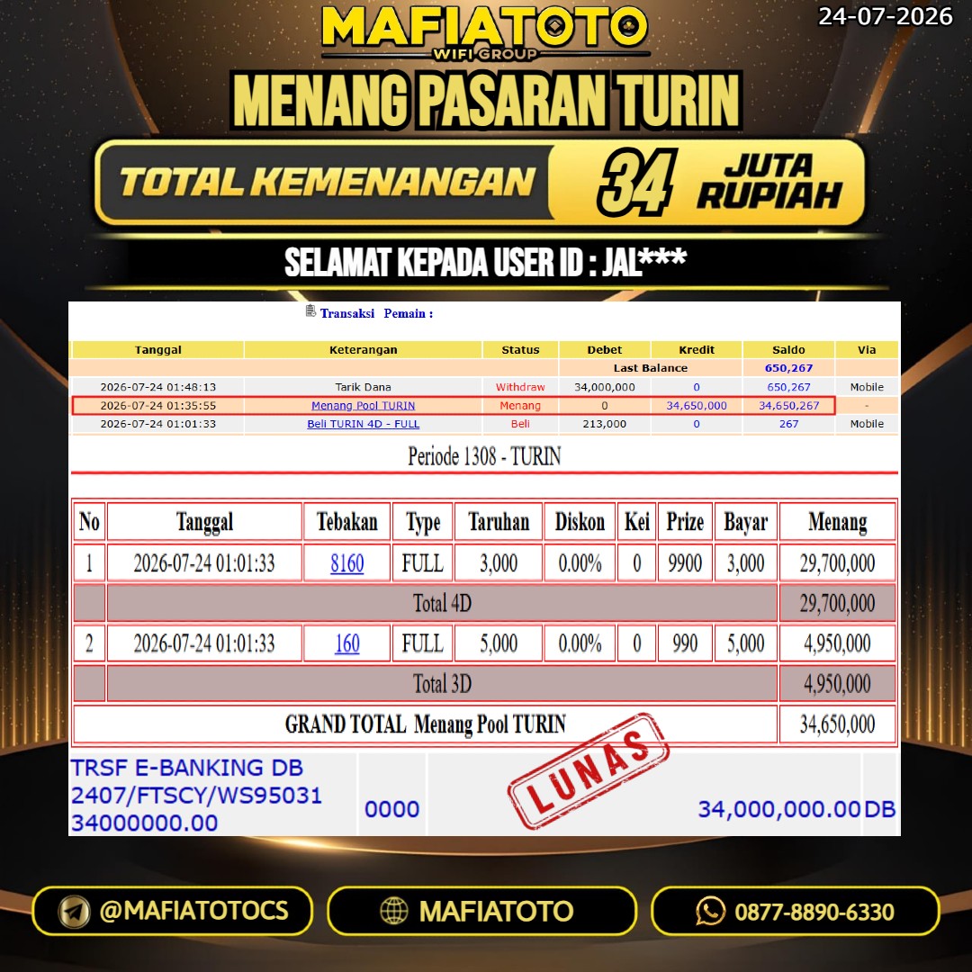 MAFIATOTO JACKPOT TOGEL PASARAN TURIN RP.34.000.000. - LUNAS ID : JAL***