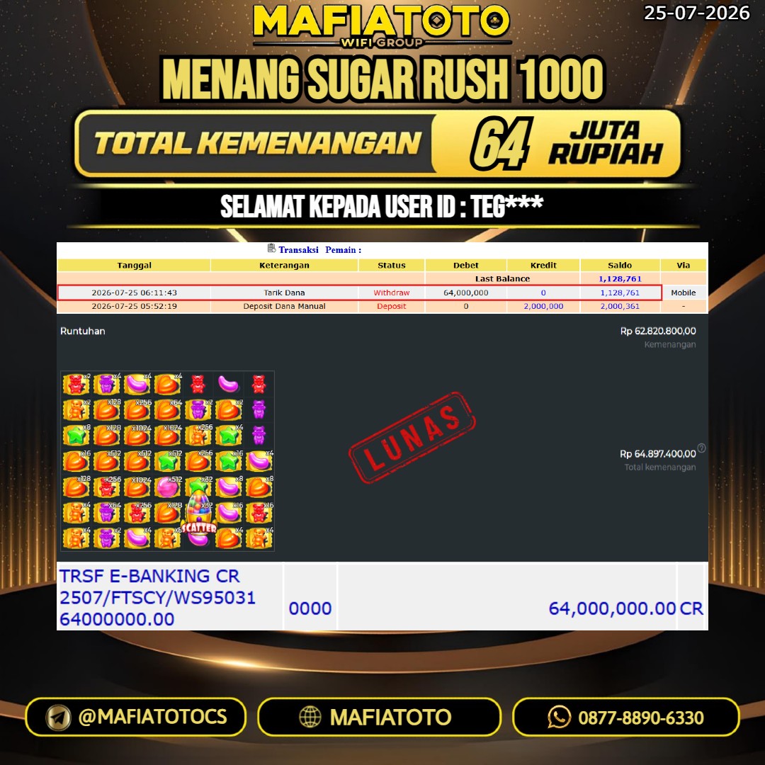 MAFIATOTO JACKPOT SLOT SUGAR RUSH 1000 RP.64.000.000. - LUNAS ID : TEG***
