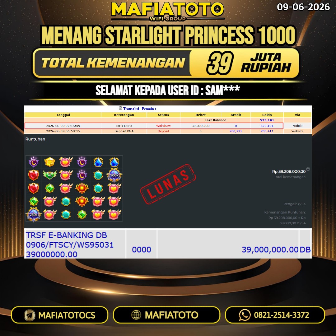 MAFIATOTO JACKPOT STARLIGHT PRINCESS 1000 RP.39.000.000. - LUNAS ID : SAM***