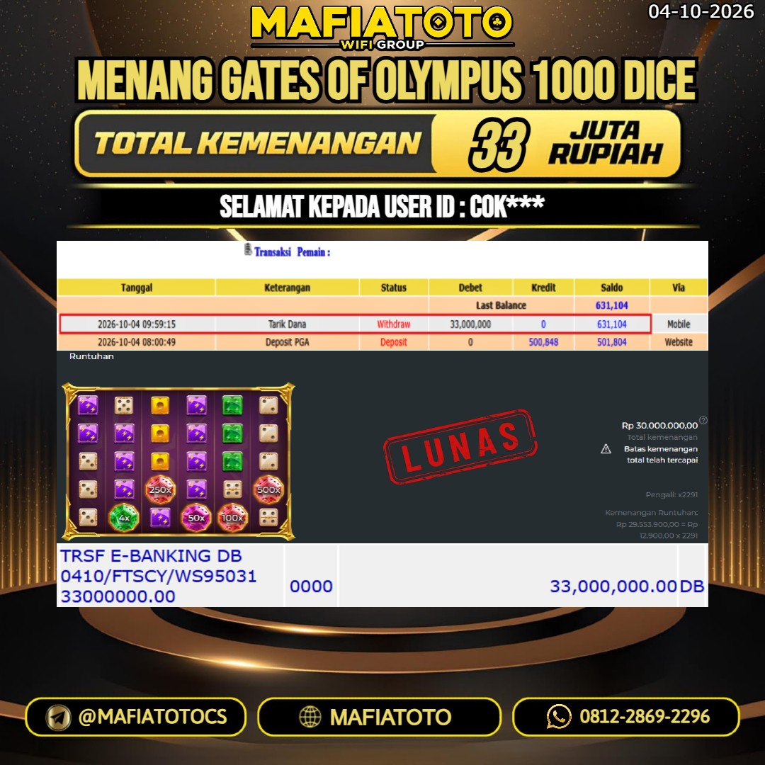 MAFIATOTO JACKPOT SLOT GATES OF OLYMPUS 1000 DICE RP.33.000.000. - LUNAS ID : COK***