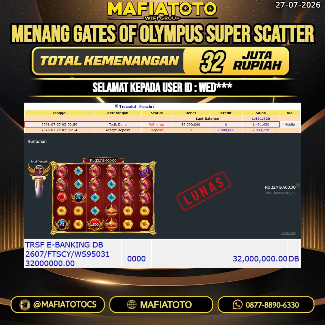 MAFIATOTO JACKPOT SLOT GATES OF OLYMPUS SUPER SCATTER RP.32.000.000. - LUNAS ID : WED***