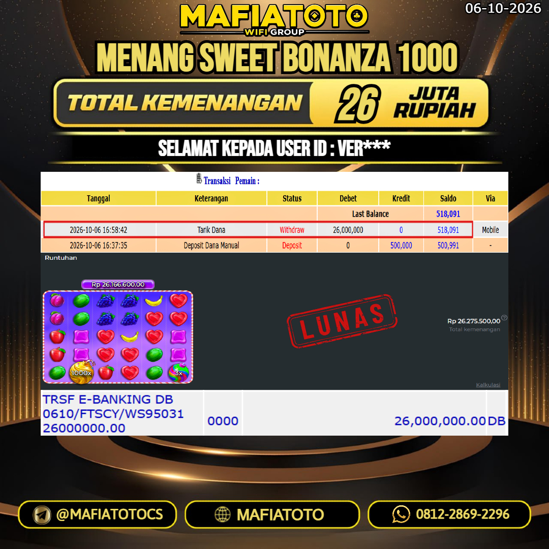 MAFIATOTO JACKPOT SLOT SWEET BONANZA 1000 RP.26.000.000. - LUNAS ID : VER***