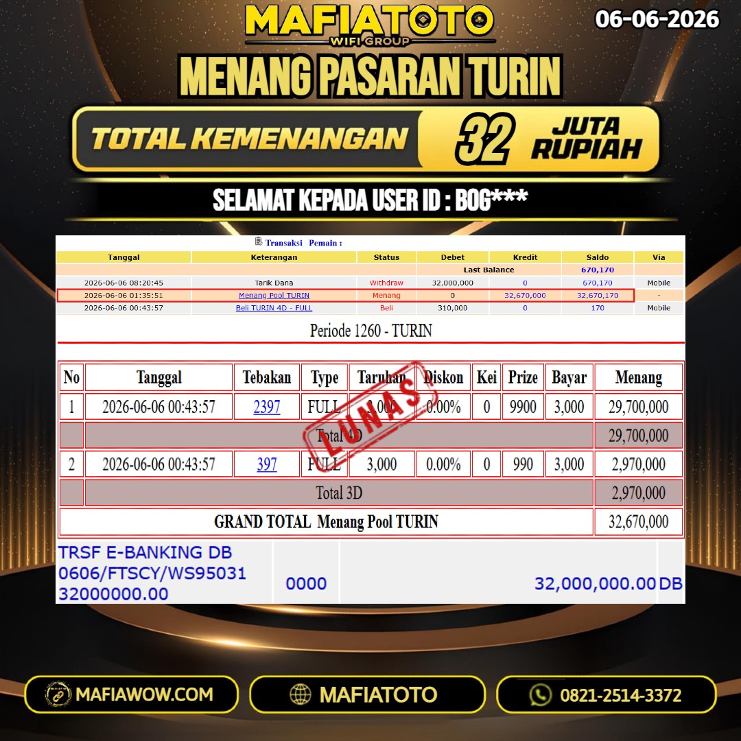 MAFIATOTO JACKPOT TOGEL PASARAN TURIN RP. 32.000.000. - LUNAS ID : BOG***
