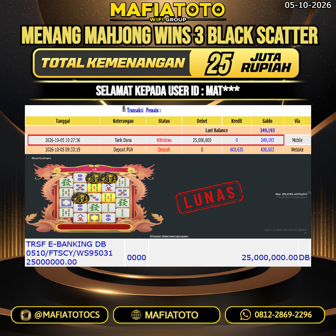MAFIATOTO JACKPOT SLOT MAHJONG WINS 3 BLACK SCATTER RP.25.000.000. - LUNAS ID : MAT***