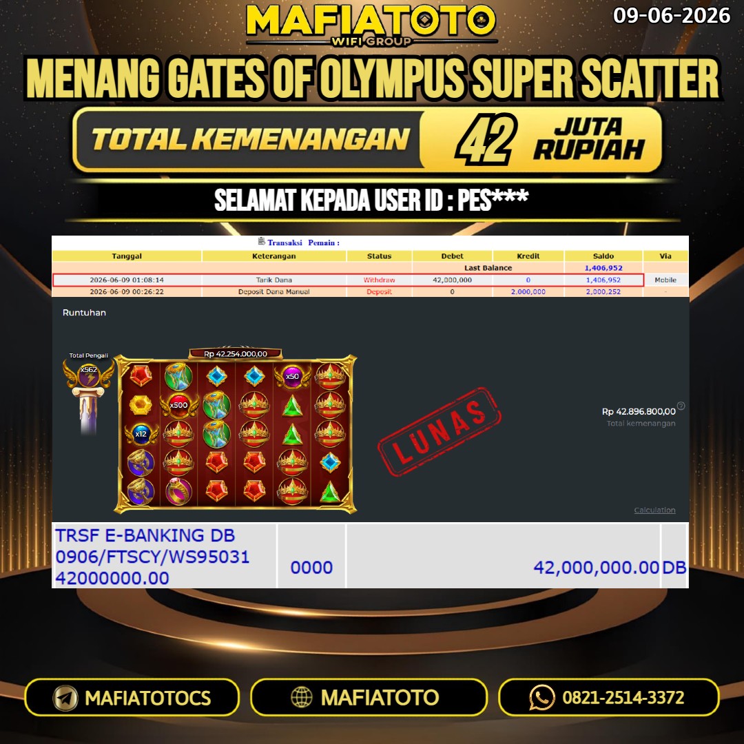MAFIATOTO JACKPOT GATES OF OLYMPUS SUPER SCATTER RP.42.000.000. - LUNAS ID : PES***