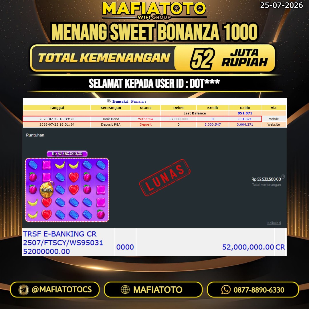 MAFIATOTO JACKPOT SLOT SWEET BONANZA 1000 RP.52.000.000. - LUNAS ID : DOT***