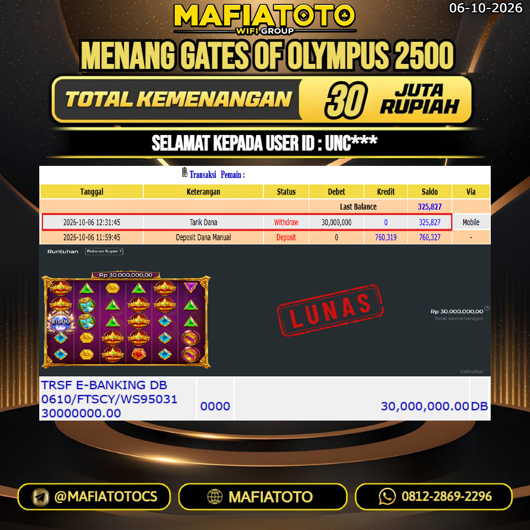 MAFIATOTO JACKPOT SLOT GATES OF OLYMPUS 2500 RP.30.000.000. - LUNAS ID : UNC***