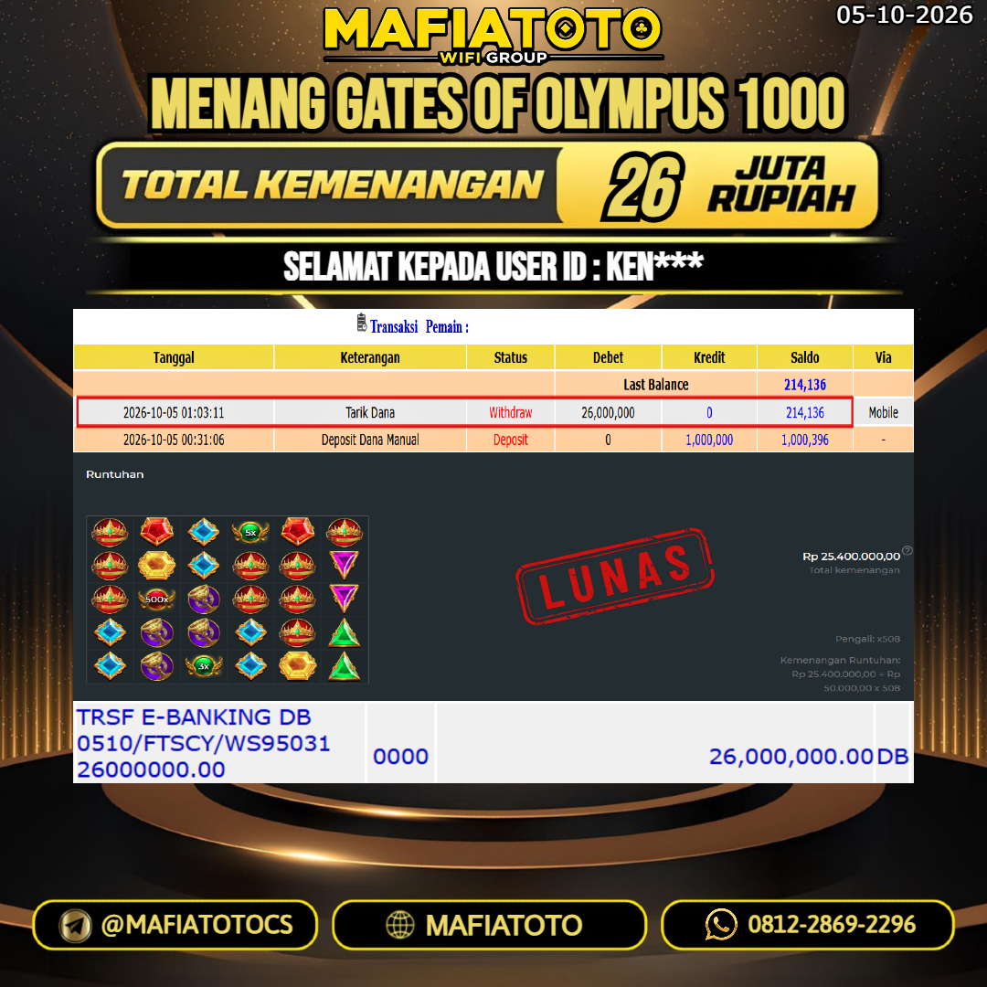 MAFIATOTO JACKPOT SLOT GATES OF OLYMPUS 1000 RP.26.000.000. - LUNAS ID : KEN***