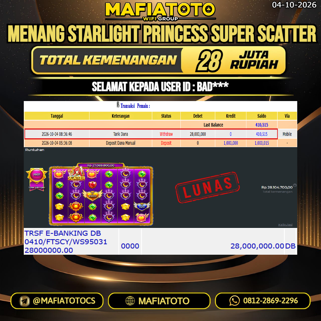 MAFIATOTO JACKPOT SLOT STARLIGHT PRINCESS SUPER SCATTER RP.28.000.000. - LUNAS ID : BAD***