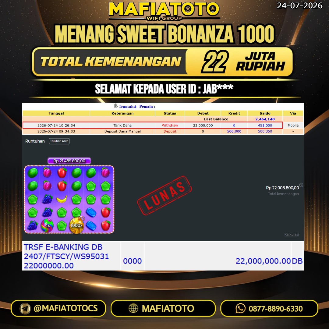 MAFIATOTO JACKPOT SLOT SWEET BONANZA 1000 RP.22.000.000. - LUNAS ID : JAB***