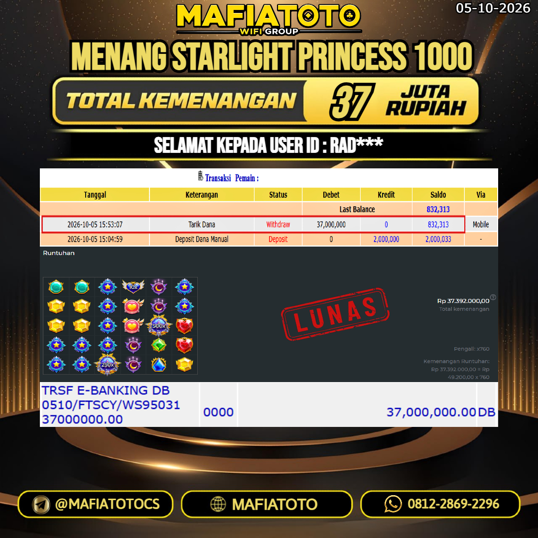 MAFIATOTO JACKPOT SLOT STARLIGHT PRINCESS 1000 RP.37.000.000. - LUNAS ID : RAD***