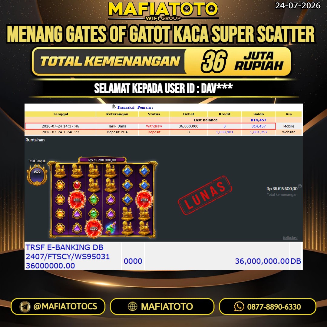 MAFIATOTO JACKPOT SLOT GATES OF GATOT KACA SUPER SCATTER RP.36.000.000. - LUNAS ID : DAV***