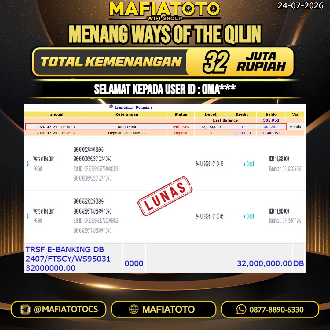 MAFIATOTO JACKPOT SLOT WAYS OF THE QILIN RP.32.000.000. - LUNAS ID : OMA***