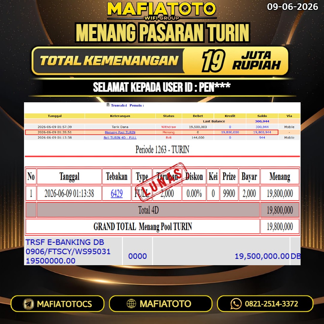 MAFIATOTO JACKPOT TOGEL PASARAN TURIN RP.19.000.000. - LUNAS ID : PEN***