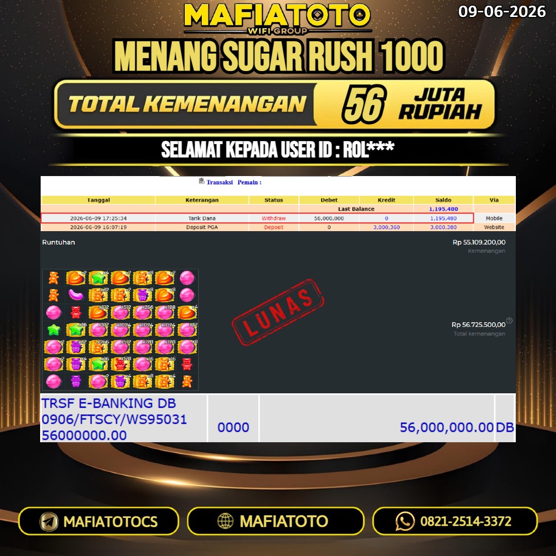 MAFIATOTO JACKPOT SUGAR RUSH 1000 RP.56.000.000. - LUNAS ID : ROL***
