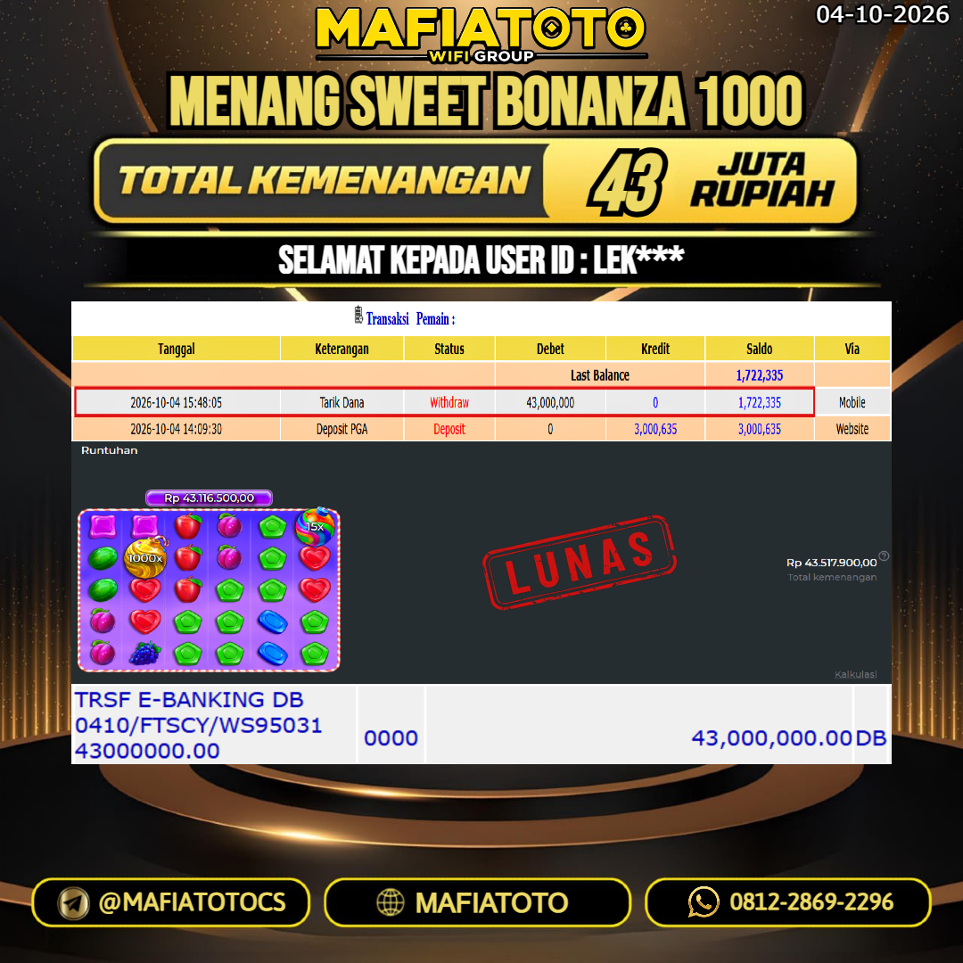 MAFIATOTO JACKPOT SLOT SWEET BONANZA 1000 RP.43.000.000. - LUNAS ID : LEK***